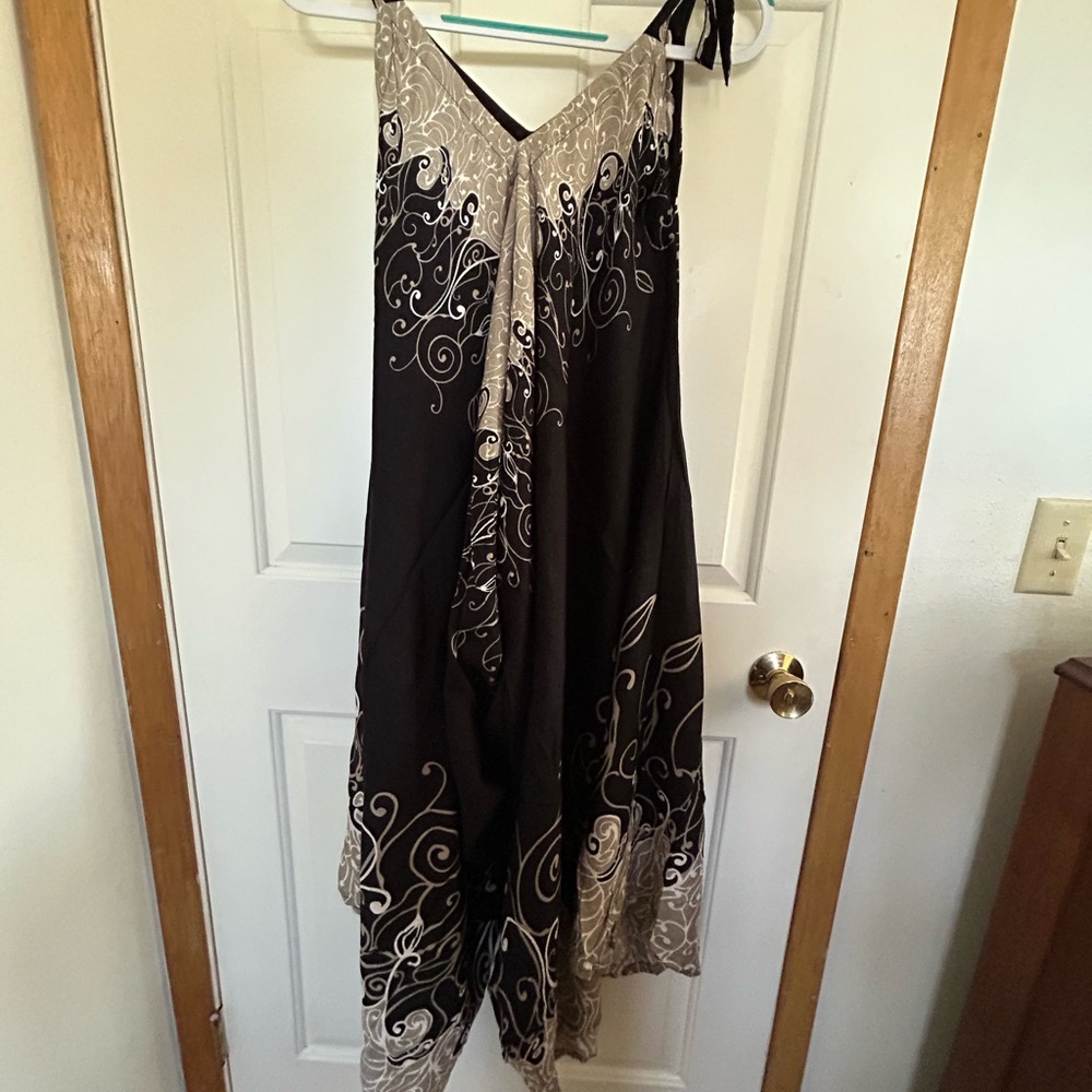 100% cotton, brown and white jumpsuit. Flowing, tie shoulders Indonesia boho